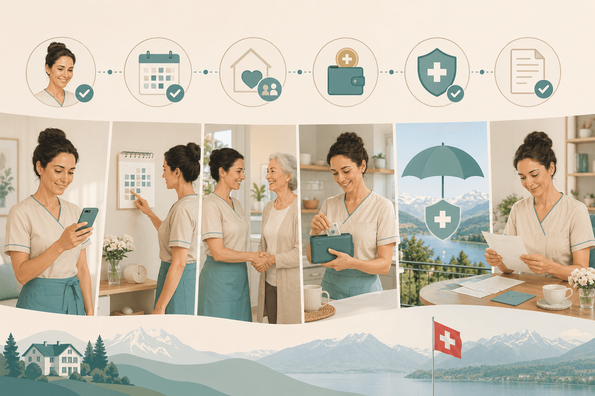 Illustration of the Helpore helper journey from verified profile and availability to bookings, compliant pay, insurance, and documents in Switzerland