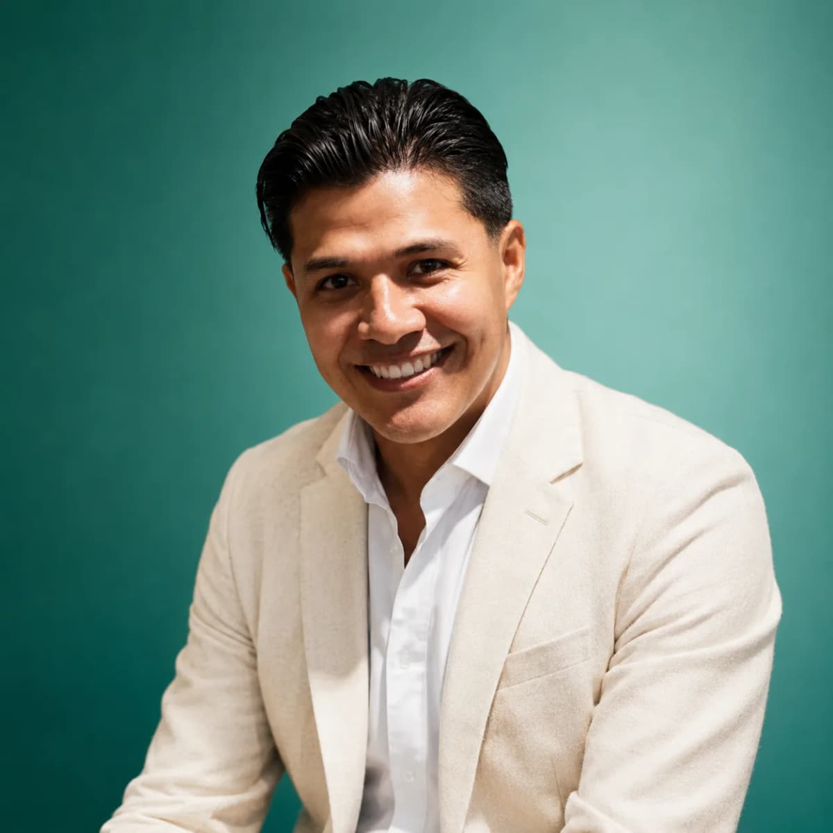 Portrait of the Helpore founder in a cream jacket against a soft teal background, smiling warmly