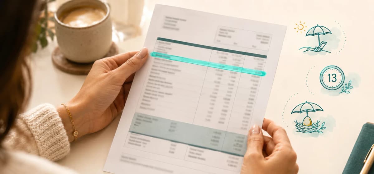 Close up of hands holding a Swiss payslip where the full wage line glows teal, with small icons for holiday pay, insurance and AHV beside it