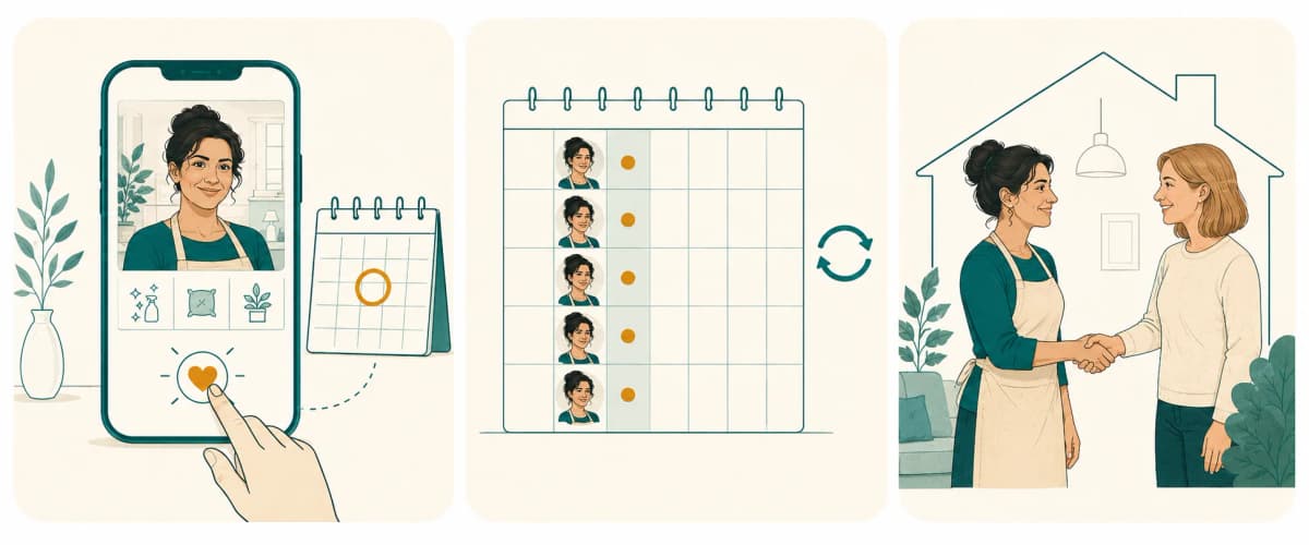 Three step illustration showing a first trial booking, a weekly recurring visit on a calendar, and a long term handshake between Helper and household