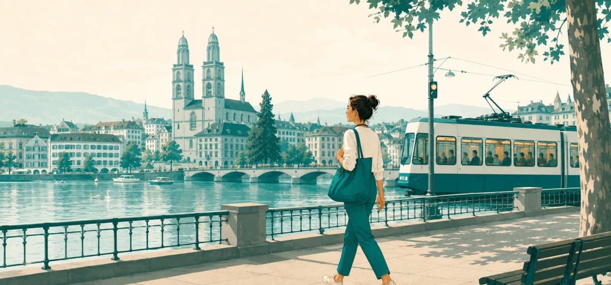 A calm Zürich scene with the lake and Grossmünster towers in soft teal tones, a Helper walking to their next booking with a tote bag, Swiss tram passing behind