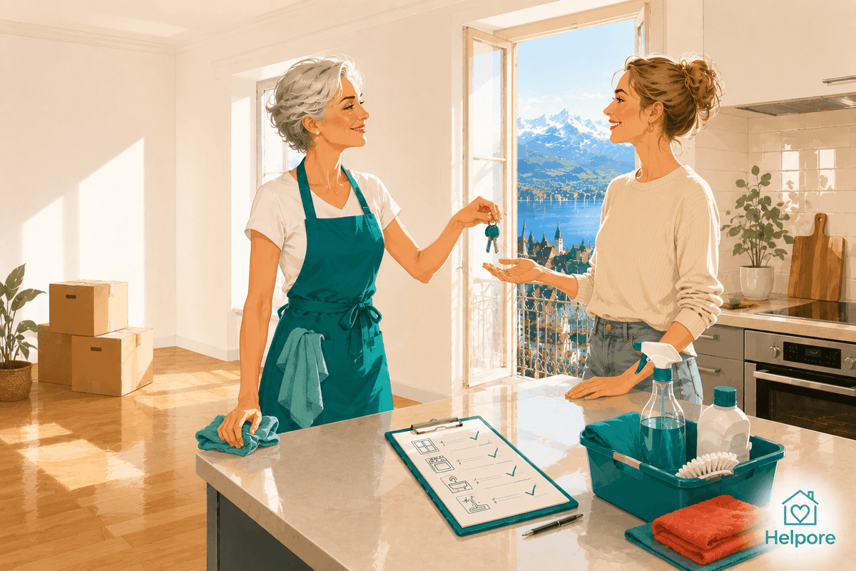 A cleaner in a teal apron hands the keys to a tenant at the move-out handover, with a cleaning checklist, a caddy of supplies and moving boxes in a Swiss flat