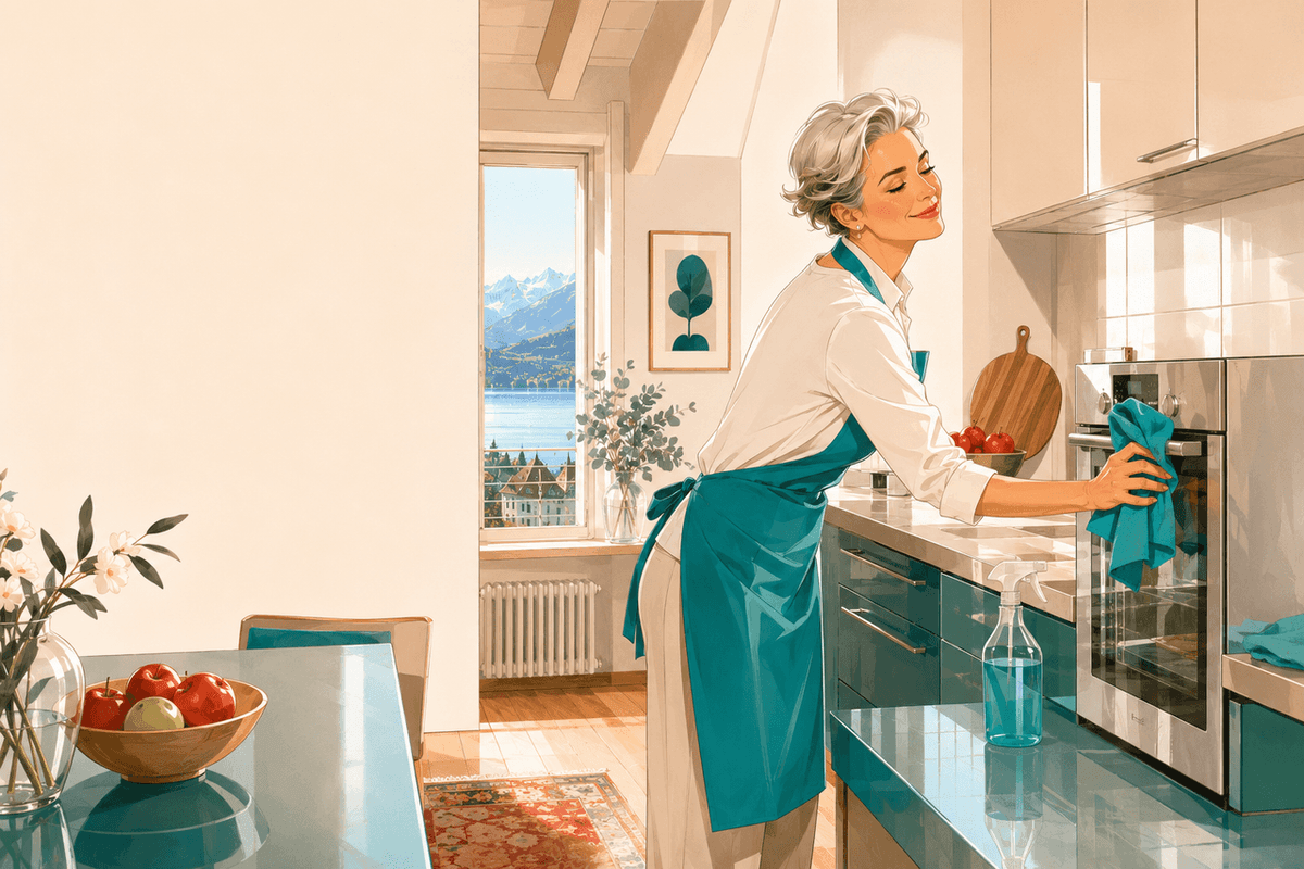 A home helper in a teal apron wiping the oven during a move-out clean in a bright Swiss kitchen with a lake and Alps view