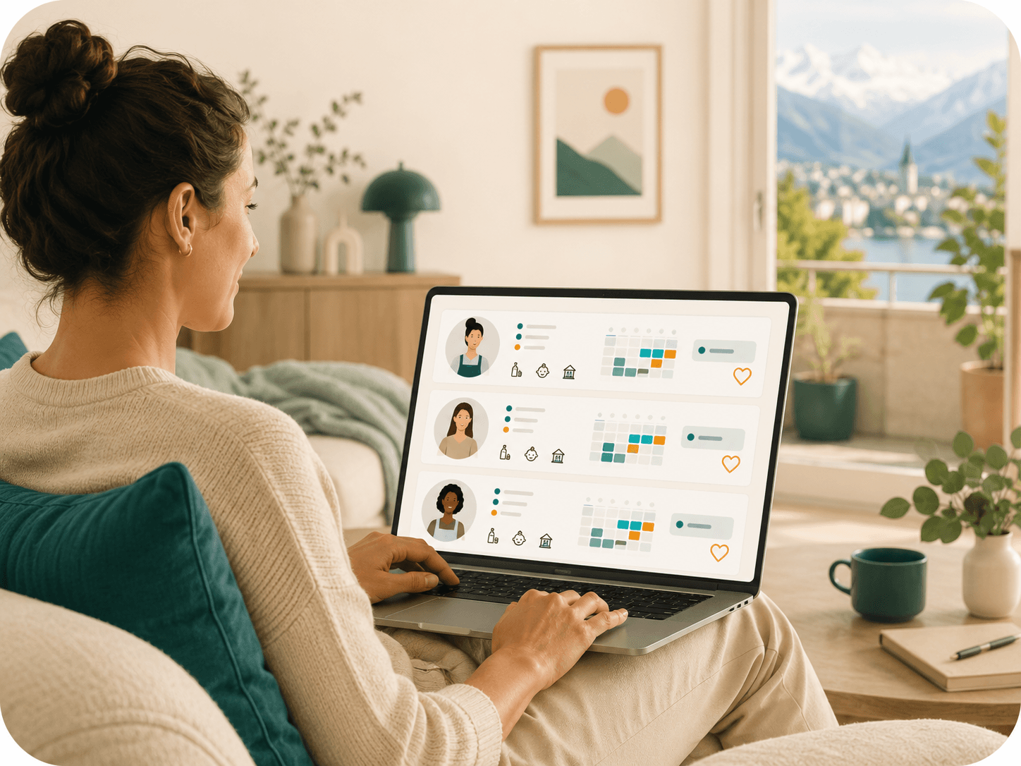 Person browsing Helpore helper profiles and availability on a laptop in a Swiss home