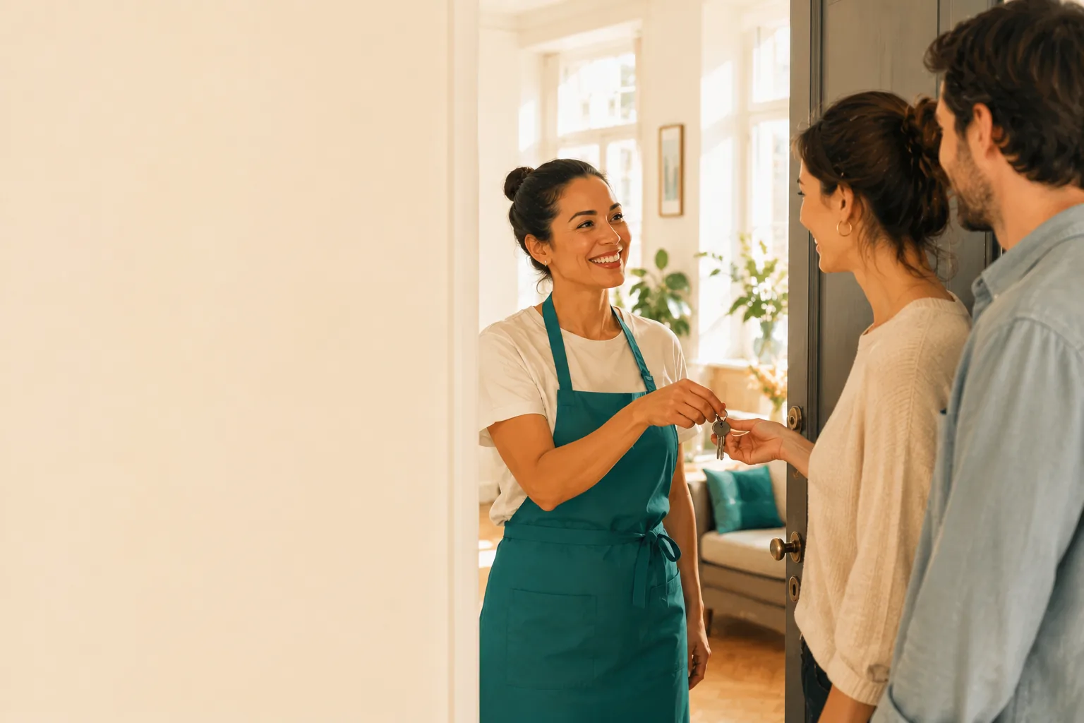 A smiling Helper in a teal apron hands over house keys to a young household in a bright Zürich apartment, morning light through tall windows