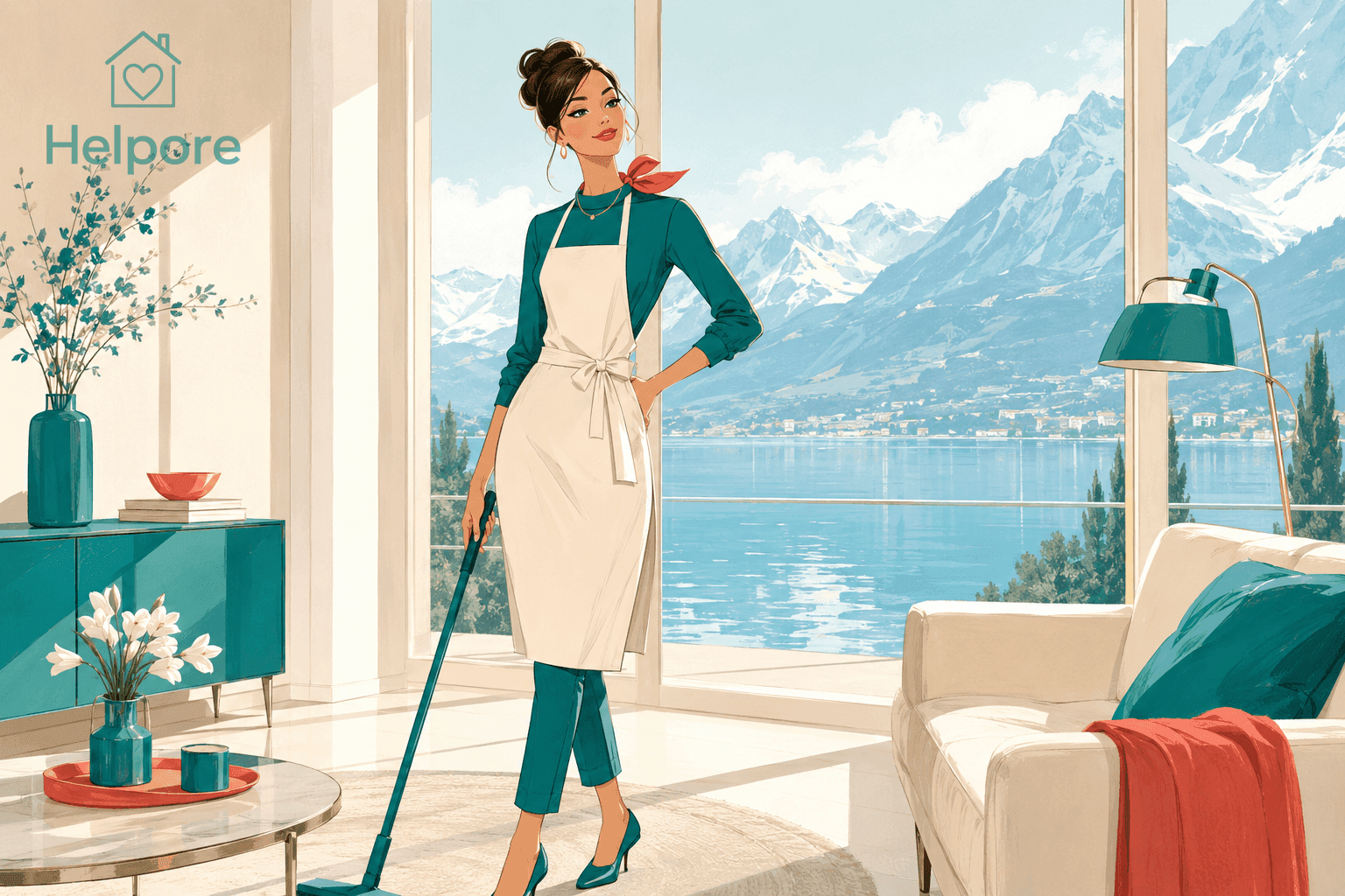 Illustration of a confident Swiss home helper in a teal top and cream apron vacuuming a bright, elegant living room, with large windows onto a lake and snow-capped mountains, marking that Helpore is now open for helpers