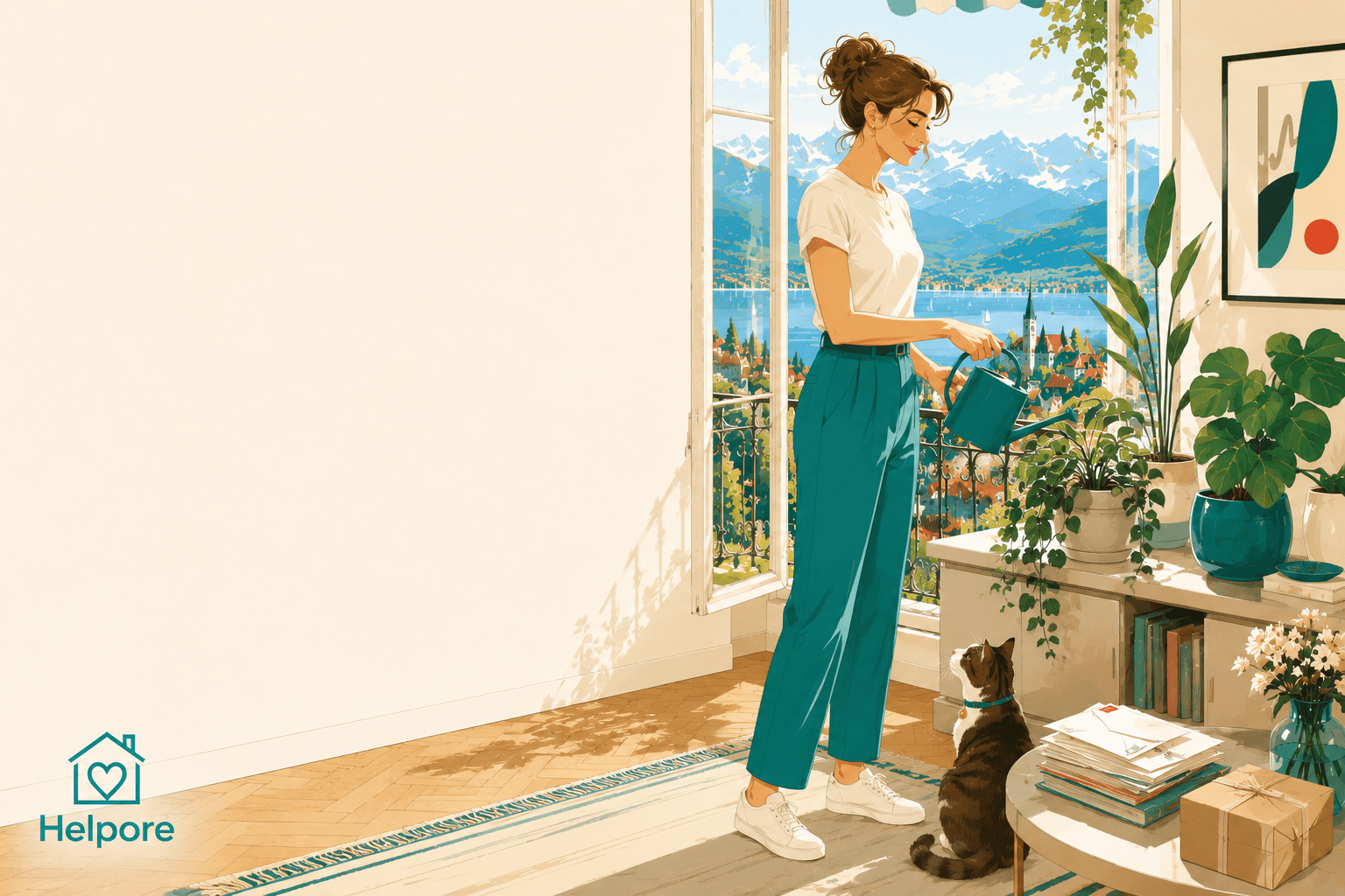 A Helpore home helper waters houseplants in a sunny Swiss apartment with a cat, a stack of collected mail and a parcel, and a lake and mountain view, while the household is away on holiday