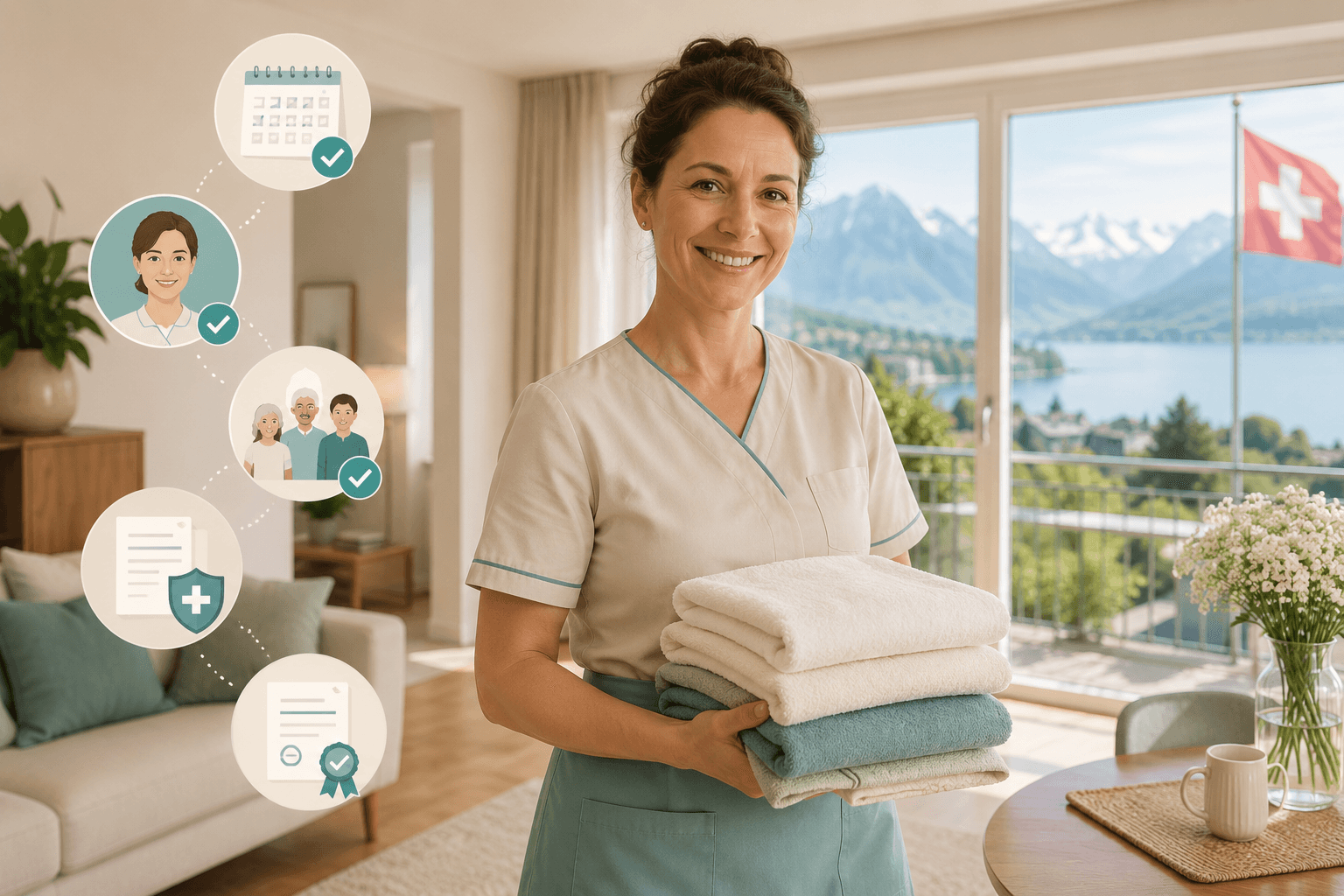Helper managing Swiss home help jobs, availability, bookings, pay records, insurance, and verified profile details through Helpore