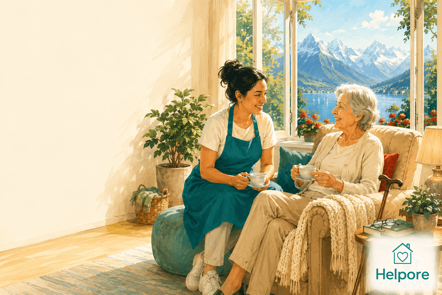 Helpore illustration for senior care at home in Switzerland: a caregiver in a teal apron shares tea with a smiling elderly woman in her living room, with a Swiss lake and the Alps visible through the window