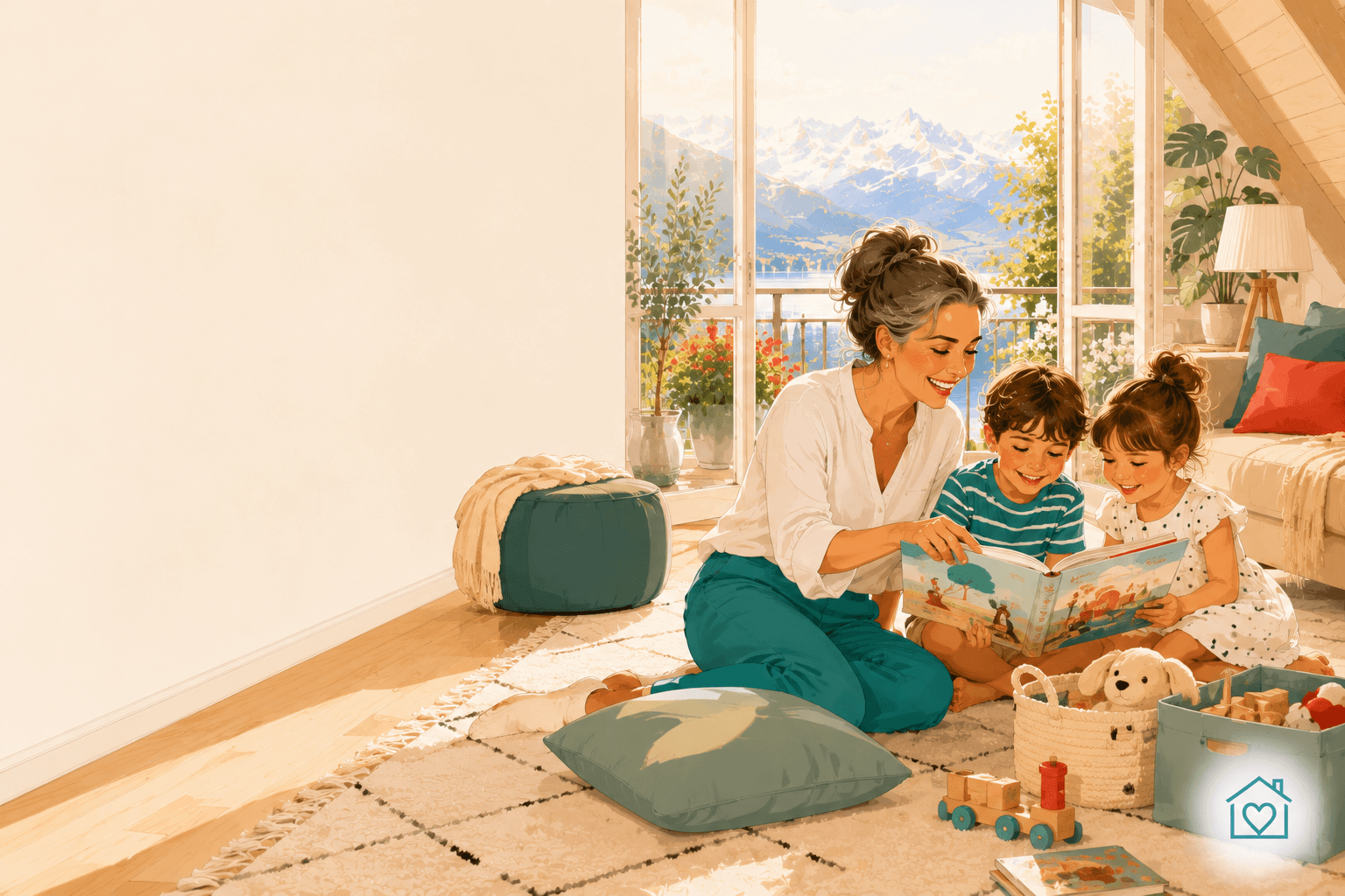 Helpore banner for summer holiday childcare in Switzerland showing a nanny and two children in a sunny garden, with a note that you can book a declared nanny from CHF 26 an hour with AHV handled