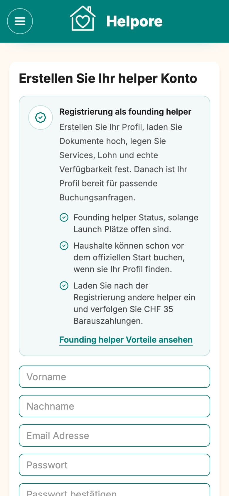 Mobiler Screenshot der Helpore Helper-Berechtigung und Kontoerstellung.