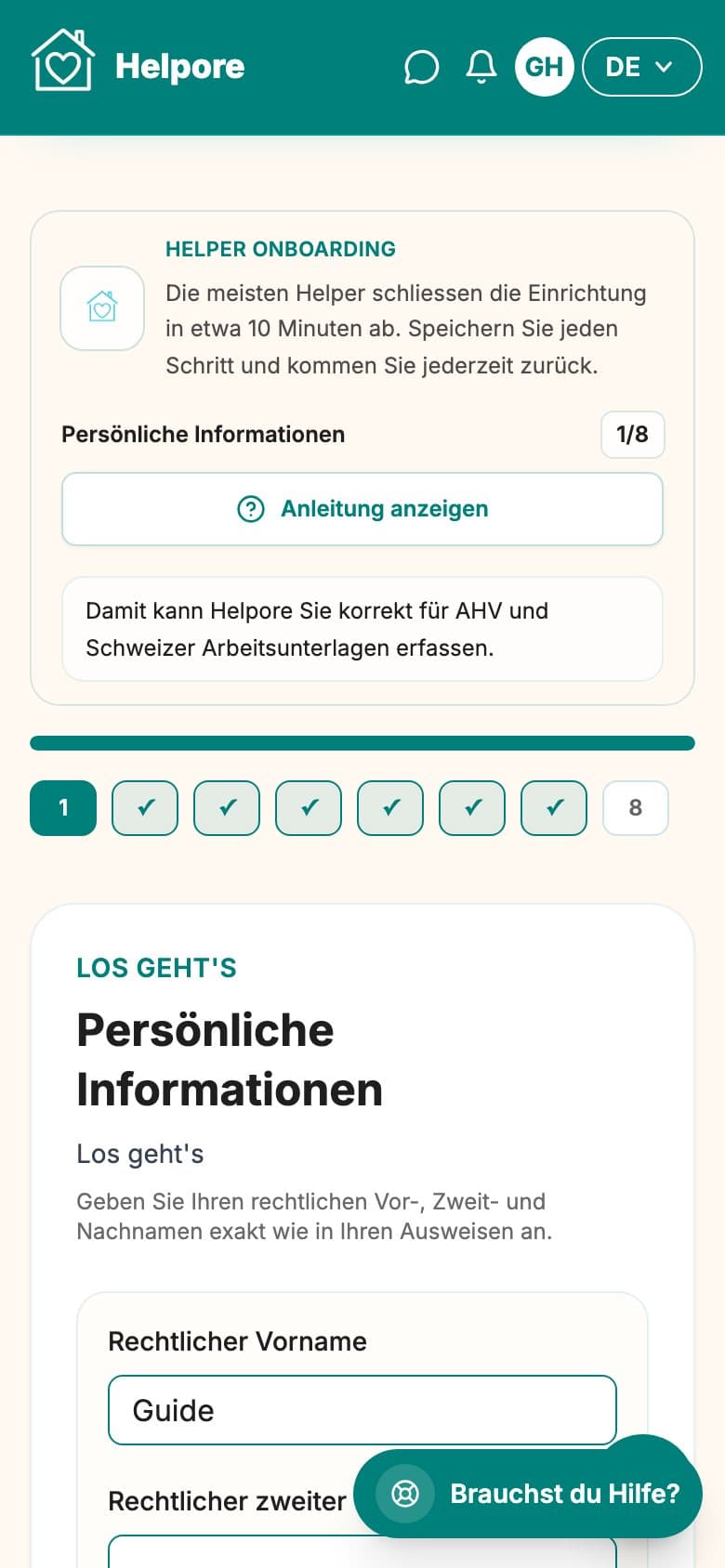 Mobiler Screenshot des Helper-Schritts persoenliche Angaben.