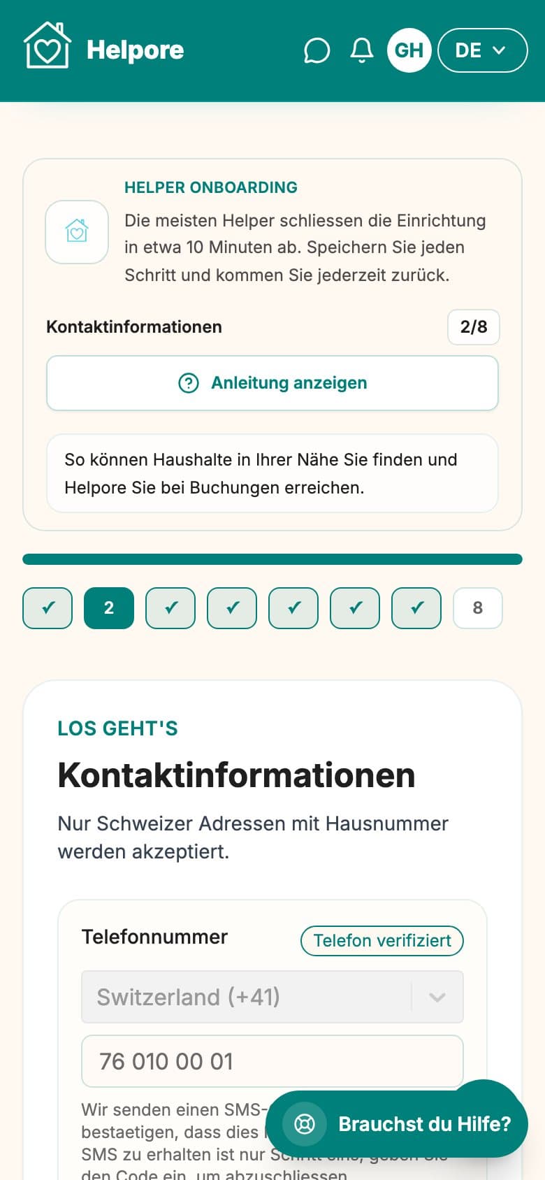 Mobiler Screenshot des Kontakt- und Adressschritts.