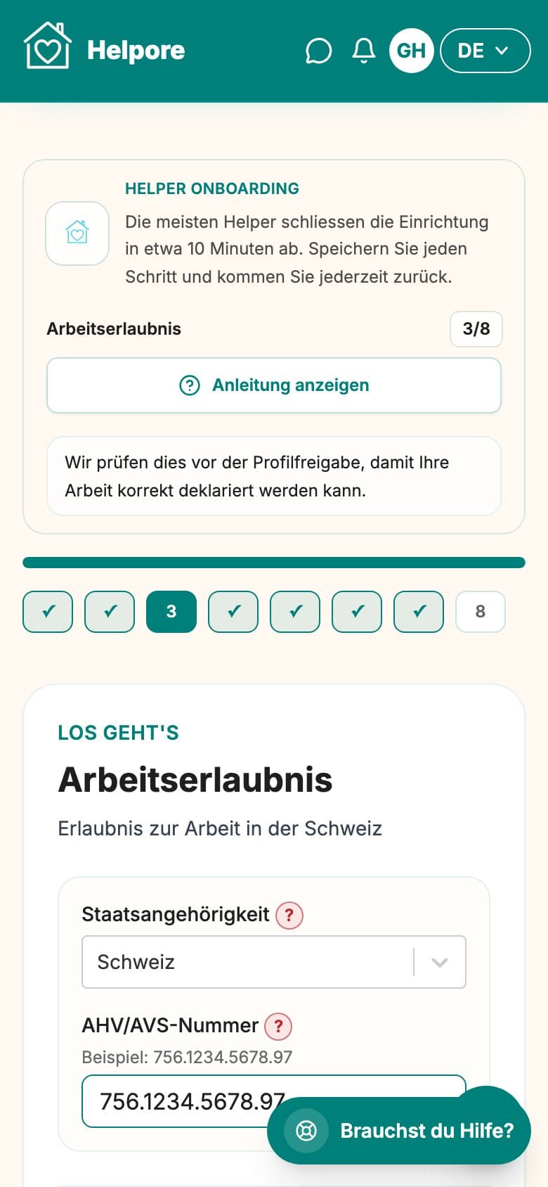 Mobiler Screenshot des Helper-Schritts Arbeitsberechtigung.