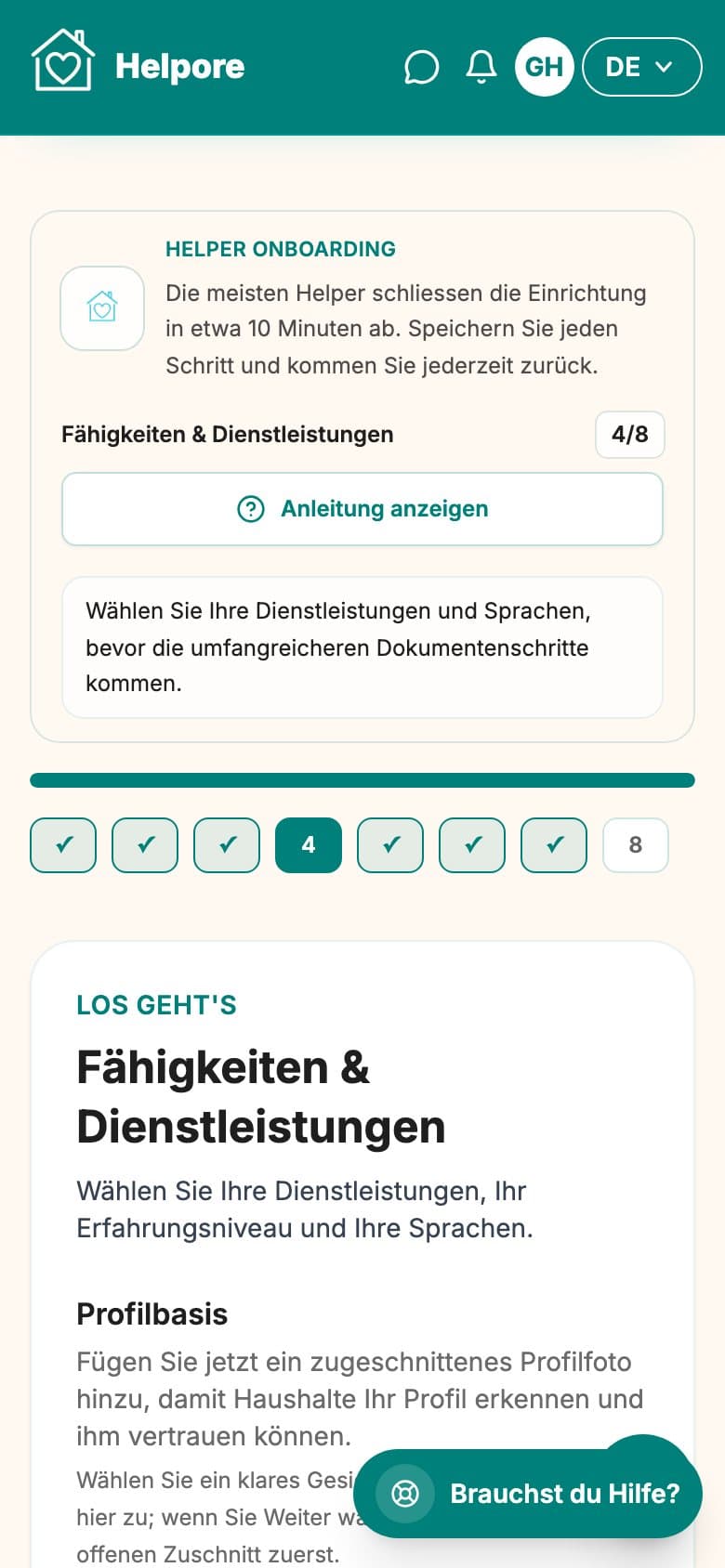 Mobiler Screenshot des Service-, Zusatzleistungs-, Tag- und Sprachschritts.