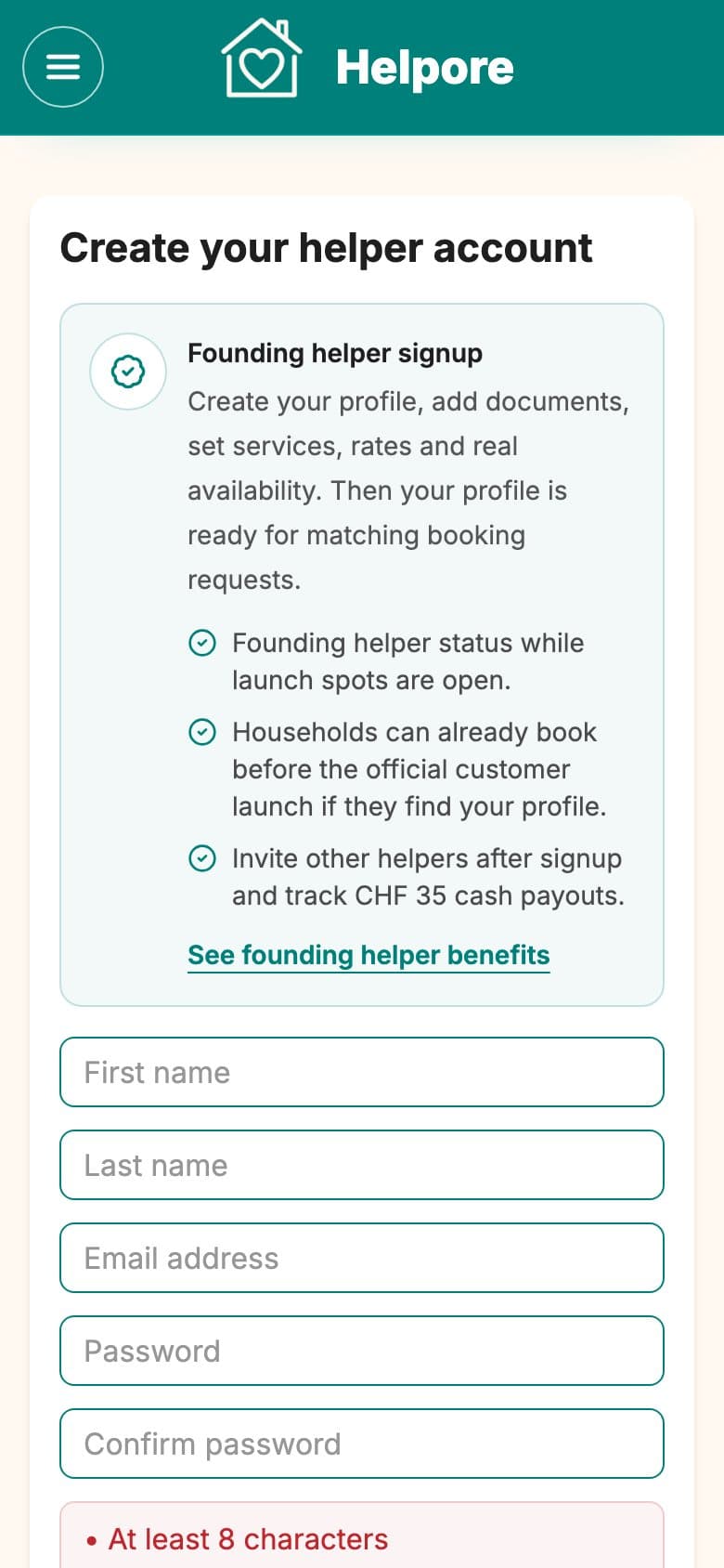 Mobile screenshot of the Helpore helper eligibility and account signup page.