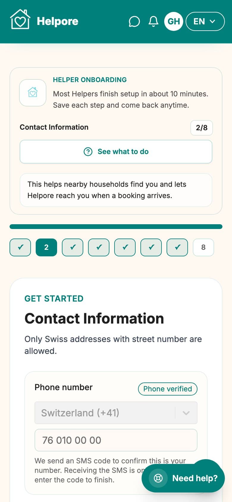 Mobile screenshot of the helper contact information and Swiss address step.