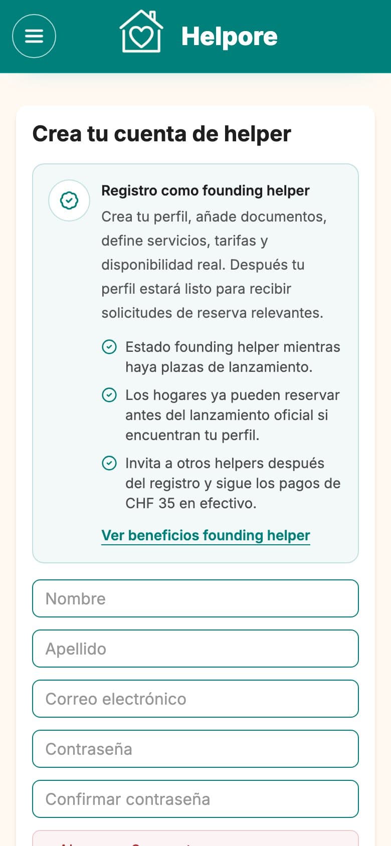 Captura movil de elegibilidad helper Helpore y creacion de cuenta.