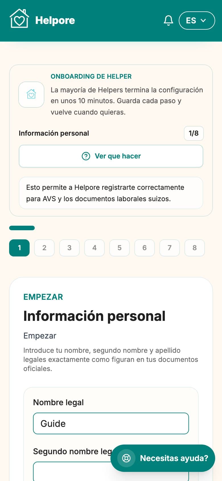 Captura movil del paso de informacion personal helper.