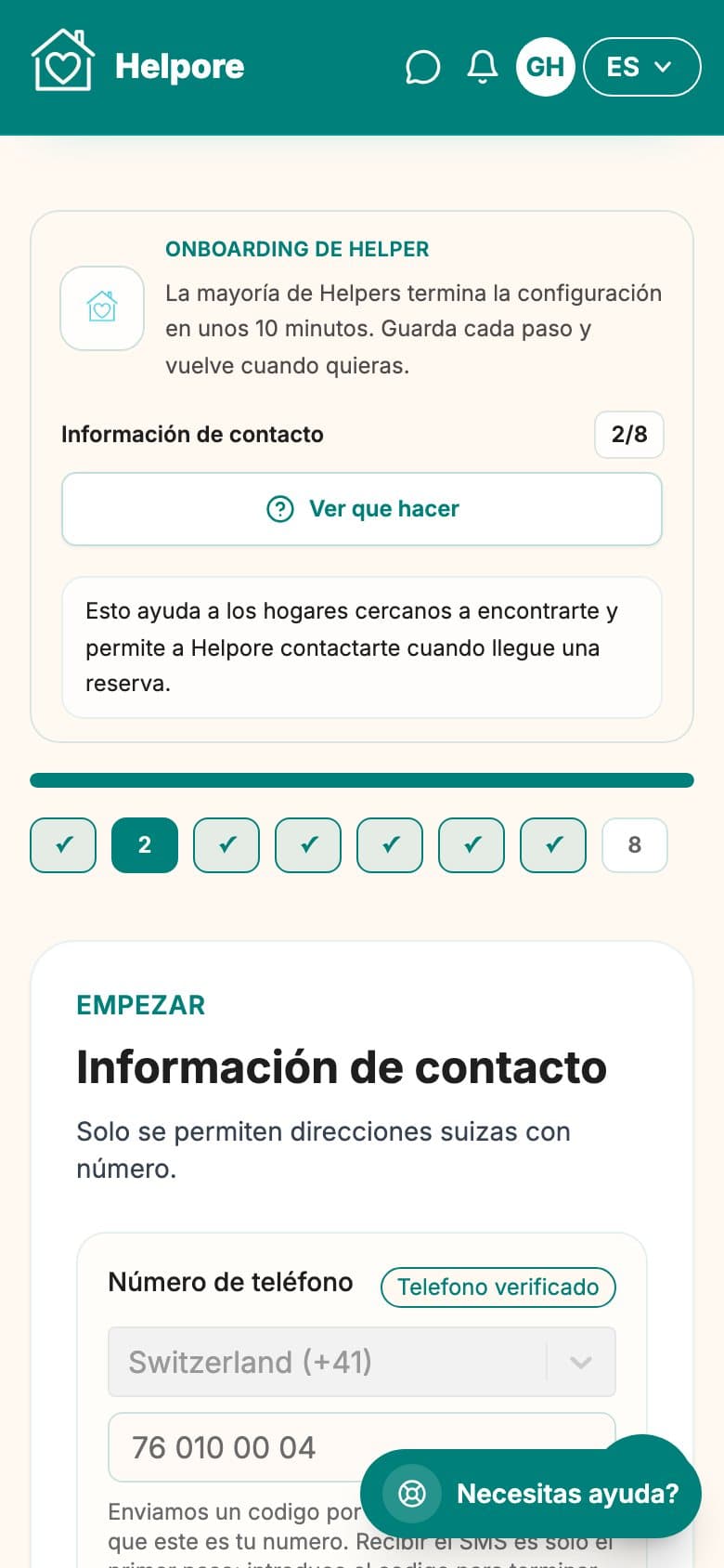 Captura movil del paso de contacto y direccion suiza.