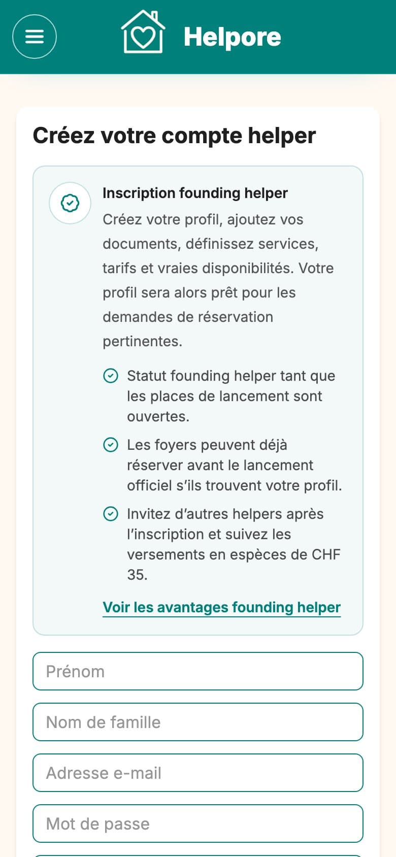 Capture mobile de l’eligibilite helper Helpore et de la creation de compte.