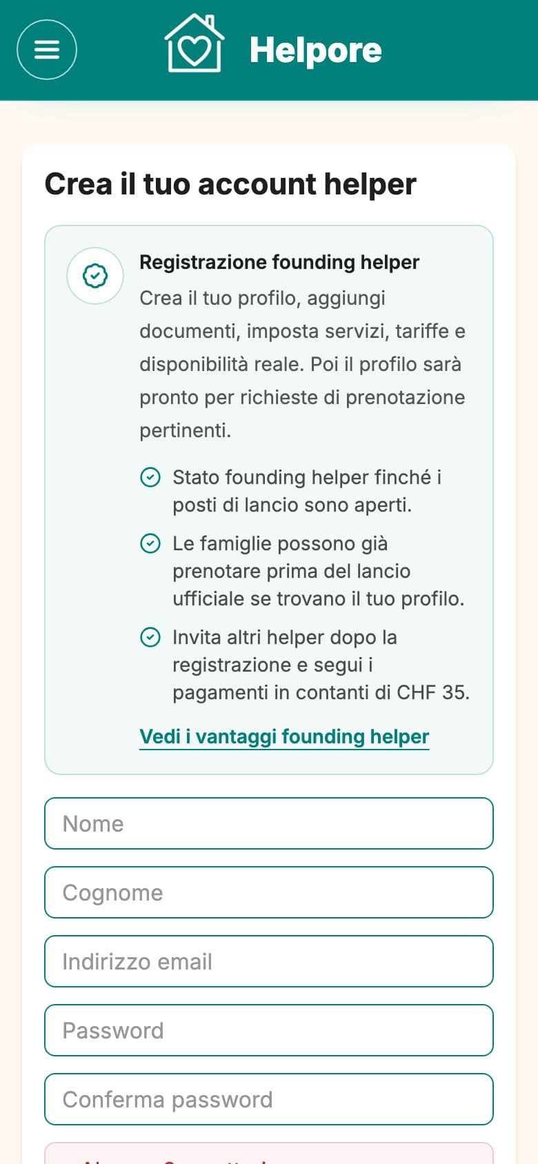Screenshot mobile dell’idoneita helper Helpore e creazione account.