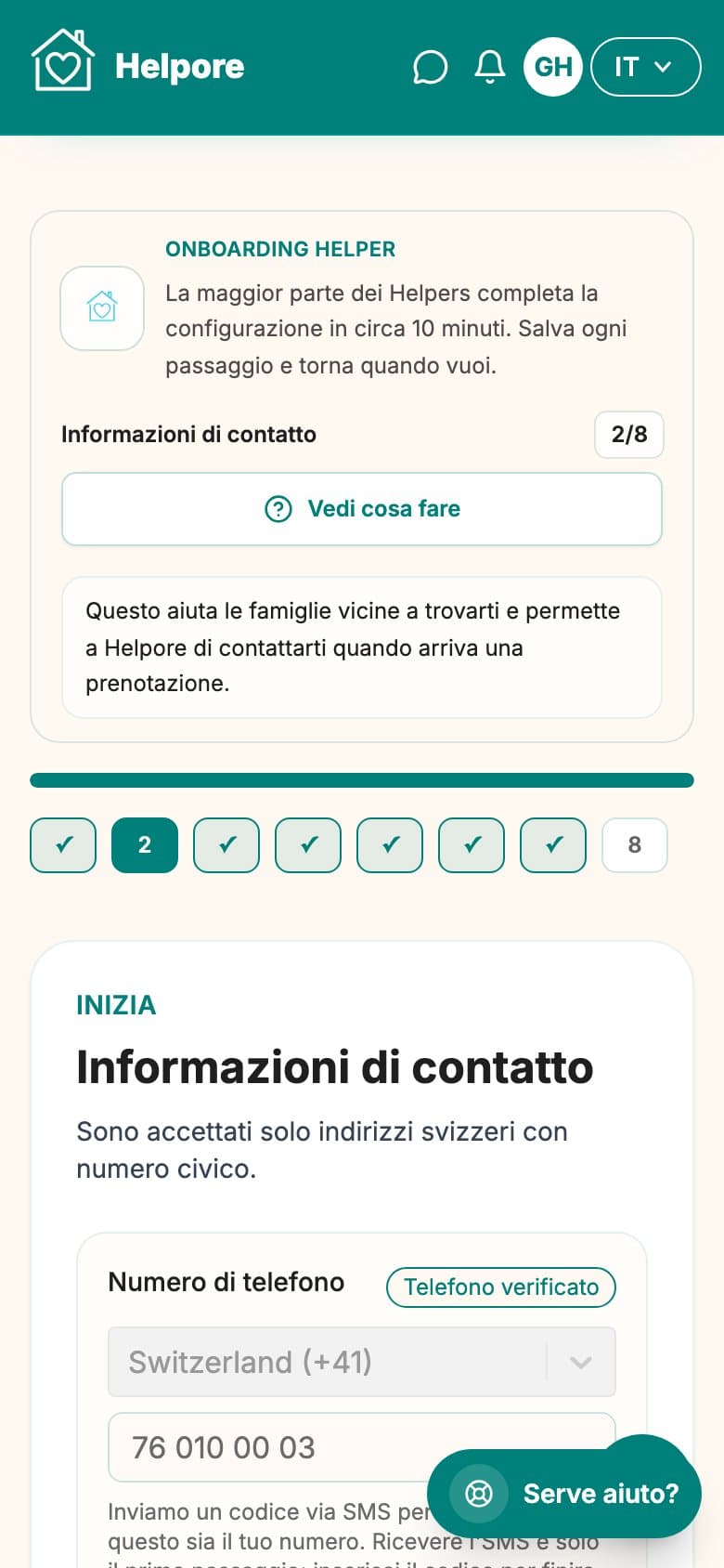 Screenshot mobile dello step contatto e indirizzo svizzero.
