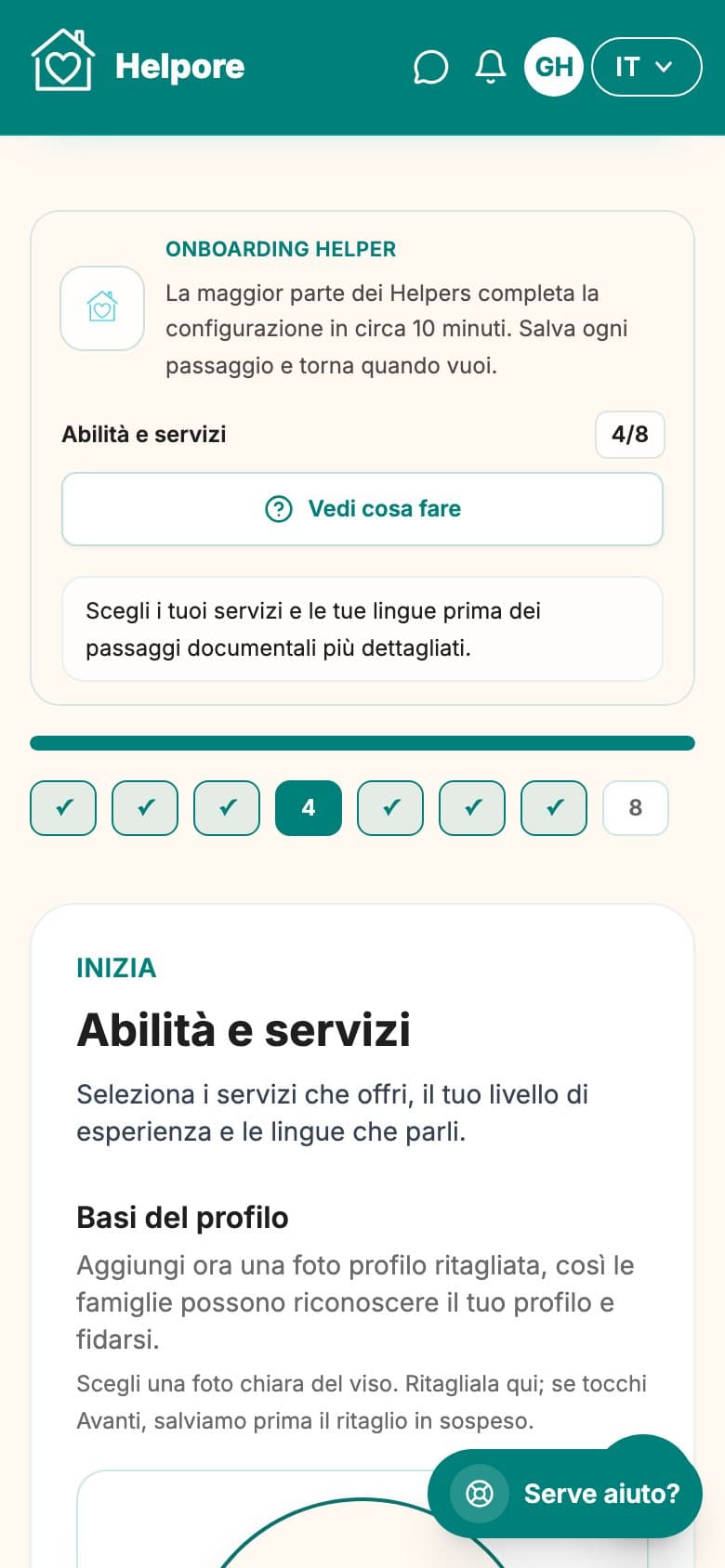 Screenshot mobile dello step servizi, extra, tag e lingue.