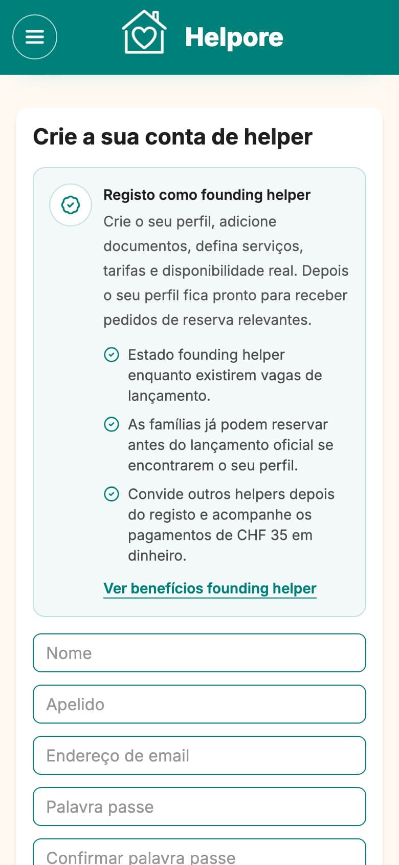 Captura movel da elegibilidade helper Helpore e criacao de conta.