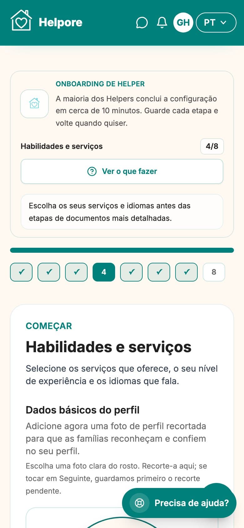Captura movel do passo de servicos, extras, etiquetas e linguas.