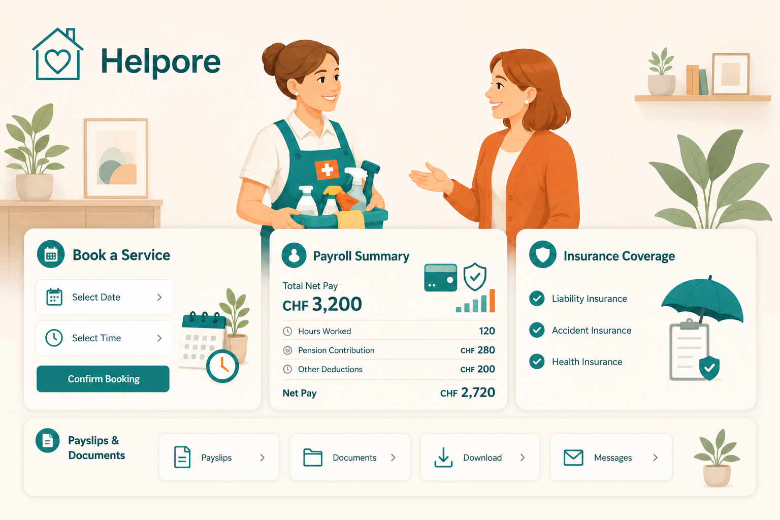 Swiss household help booking and admin shown in Helpore
